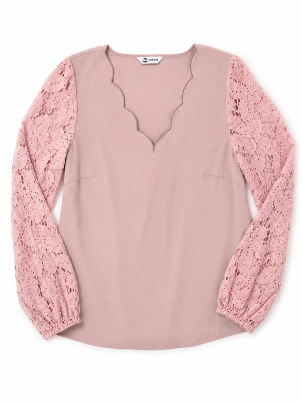 CUPSHE Pink Scalloped V Neck Blouse with Embroidered Long Sleeves, Size Large